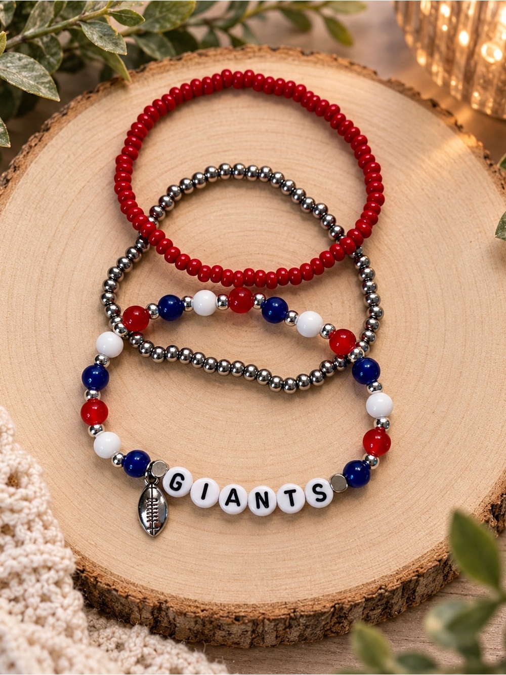 New York Giants Inspired Beaded Bracelet Stack | Handmade Stretch Bracelet Set